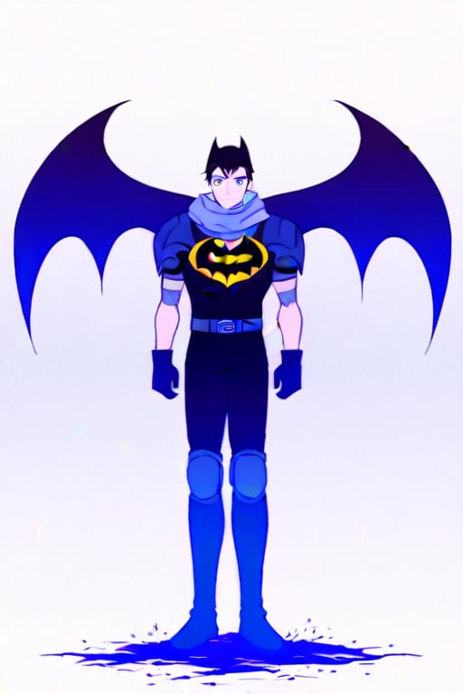 The animated version of Batman that belongs to the movie "Justice League x RWBY: Super Heroes & Huntsmen - Part 1" (He does have black hair, dark blue eyes, black pants, gray boots, gray metal knee pads, a gray breastplate with a black bat symbol on the front and underneath, a black long-sleeved t-shirt, black metal bat-shaped shoulder pads, gray armbands with 3 side blades on the sides, gloves blacks, a gray scarf, a gray utility belt and the age of 17), where Batman/Bruce Wayne is a "Bat Faunus" (Human being with two oversized black bat wings emerging from his back), in a landscape night.