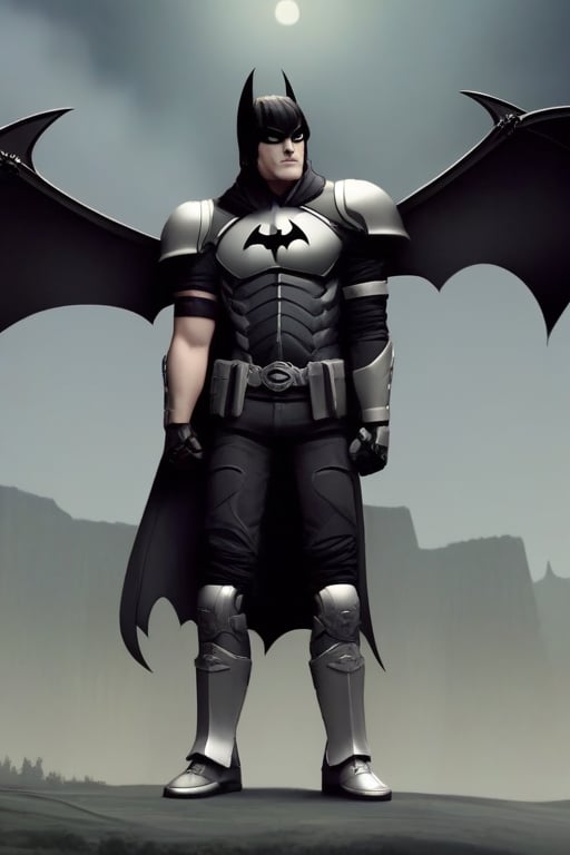 The animated version of Batman that belongs to the movie "Justice League x RWBY: Super Heroes & Huntsmen - Part 1" (He does have black hair, dark blue eyes, black pants, gray boots, gray metal knee pads, a gray breastplate with a black bat symbol on the front and underneath, a black long-sleeved t-shirt, black metal bat-shaped shoulder pads, gray armbands with 3 side blades on the sides, gloves blacks, a gray scarf, a gray utility belt and the age of 17), where Batman/Bruce Wayne is a "Bat Faunus" (Human being with two oversized black bat wings emerging from his back), in a landscape night.