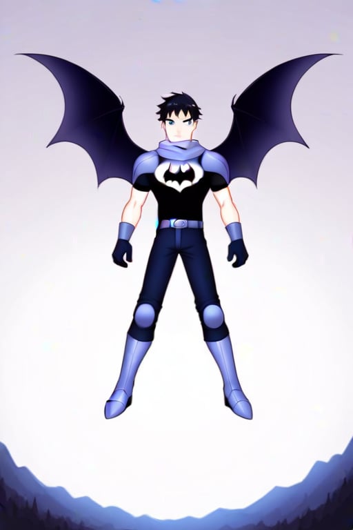 The animated version of Batman that belongs to the movie "Justice League x RWBY: Super Heroes & Huntsmen - Part 1" (He does have black hair, dark blue eyes, black pants, gray boots, gray metal knee pads, a gray breastplate with a black bat symbol on the front and underneath, a black long-sleeved t-shirt, black metal bat-shaped shoulder pads, gray armbands with 3 side blades on the sides, gloves blacks, a gray scarf, a gray utility belt and the age of 17), where Batman/Bruce Wayne is a "Bat Faunus" (Human being with two oversized black bat wings emerging from his back), in a landscape night with bats flying around..