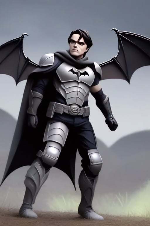 The animated version of Batman that belongs to the movie "Justice League x RWBY: Super Heroes & Huntsmen - Part 1" (He does have black hair, dark blue eyes, black pants, gray boots, gray metal knee pads, a gray breastplate with a black bat symbol on the front and underneath, a black long-sleeved t-shirt, black metal bat-shaped shoulder pads, gray armbands with 3 side blades on the sides, gloves blacks, a gray scarf, a gray utility belt and the age of 17), where Batman/Bruce Wayne is a "Bat Faunus" (Human being with two oversized black bat wings emerging from his back), in a landscape night.