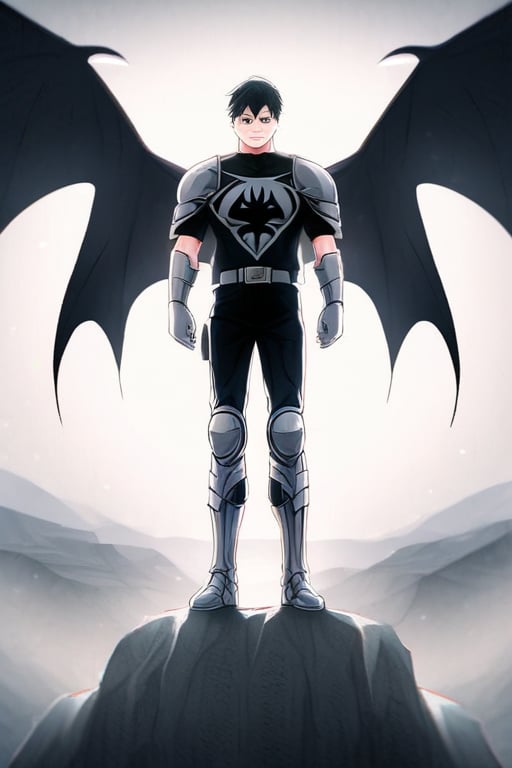 The animated version of Batman that belongs to the movie "Justice League x RWBY: Super Heroes & Huntsmen - Part 1" (He does have black hair, dark blue eyes, black pants, gray boots, gray metal knee pads, a gray breastplate with a black bat symbol on the front and underneath, a black long-sleeved t-shirt, black metal bat-shaped shoulder pads, gray armbands with 3 side blades on the sides, gloves blacks, a gray scarf, a gray utility belt and the age of 17), where Batman/Bruce Wayne is a "Bat Faunus" (Human being with two oversized black bat wings emerging from his back), in a landscape night with bats flying around.