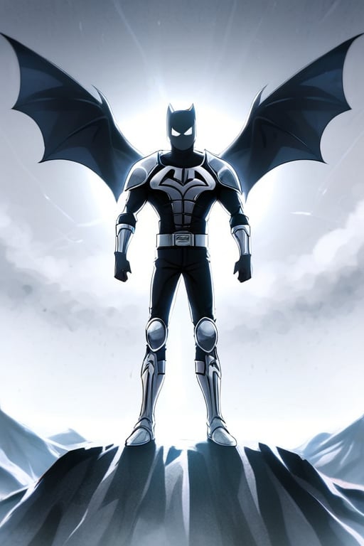 The animated version of Batman that belongs to the movie "Justice League x RWBY: Super Heroes & Huntsmen - Part 1" (He does have black hair, dark blue eyes, black pants, gray boots, gray metal knee pads, a gray breastplate with a black bat symbol on the front and underneath, a black long-sleeved t-shirt, black metal bat-shaped shoulder pads, gray armbands with 3 side blades on the sides, gloves blacks, a gray scarf, a gray utility belt and the age of 17), where Batman/Bruce Wayne is a "Bat Faunus" (Human being with two oversized black bat wings emerging from his back), in a landscape night with bats flying around.