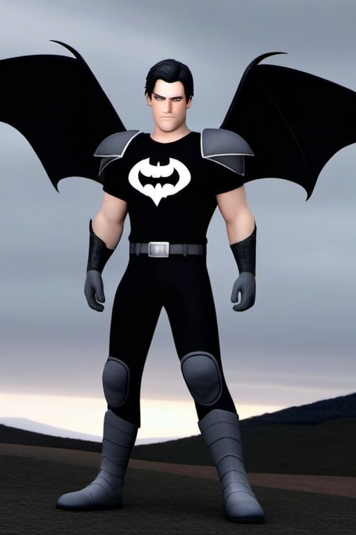 The animated version of Batman that belongs to the movie "Justice League x RWBY: Super Heroes & Huntsmen - Part 1" (He does have black hair, dark blue eyes, black pants, gray boots, gray metal knee pads, a gray breastplate with a black bat symbol on the front and underneath, a black long-sleeved t-shirt, black metal bat-shaped shoulder pads, gray armbands with 3 side blades on the sides, gloves blacks, a gray scarf, a gray utility belt and the age of 17), where Batman/Bruce Wayne is a "Bat Faunus" (Human being with two oversized black bat wings emerging from his back), in a landscape night.,disney pixar style,3D