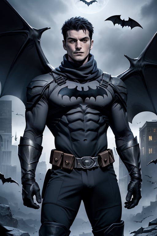 The animated version of Batman that belongs to the movie "Justice League x RWBY: Super Heroes & Huntsmen - Part 1" (He does have black hair, dark blue eyes, black pants, gray boots, gray metal knee pads, a gray breastplate with a black bat symbol on the front and underneath, a black long-sleeved t-shirt, black metal bat-shaped shoulder pads, gray armbands with 3 side blades on the sides, gloves blacks, a gray scarf, a gray utility belt and the age of 17), where Batman/Bruce Wayne is a "Bat Faunus" (Human being with two oversized black bat wings emerging from his back), in a landscape night with bats flying around,