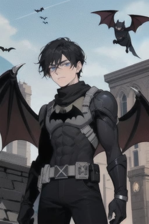 The animated version of Batman which belongs to the movie "Justice League x RWBY: Super Heroes & Huntsmen - Part 1" (No mask, black hair, dark blue eyes, black pants, gray overalls with a colored bat symbol black on the front side and below it, a black long-sleeved t-shirt, bat-shaped shoulder pads, gray bracelets with 3 blades on the sides, black gloves, a gray scarf, a gray utility belt and the age of 17 years ), where Batman is a "Bat Faun" (Human being with black bat wings emerging from his back), in a night background, on the roof of a cathedral.,1guy,1girl