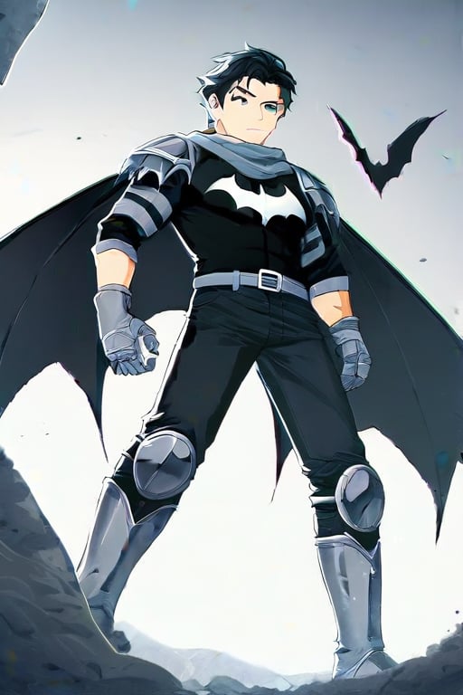 The animated version of Batman that belongs to the movie "Justice League x RWBY: Super Heroes & Huntsmen - Part 1" (He does have black hair, dark blue eyes, black pants, gray boots, gray metal knee pads, a gray breastplate with a black bat symbol on the front and underneath, a black long-sleeved t-shirt, black metal bat-shaped shoulder pads, gray armbands with 3 side blades on the sides, gloves blacks, a gray scarf, a gray utility belt and the age of 17), where Batman/Bruce Wayne is a "Bat Faunus" (Human being with two oversized black bat wings emerging from his back), in a landscape night with bats flying around.