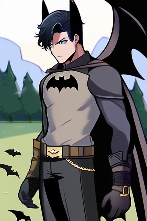 The animated version of Batman that belongs to the movie "Justice League x RWBY: Super Heroes & Huntsmen - Part 1" (He does have black hair, dark blue eyes, black pants, gray boots, gray metal knee pads, a gray breastplate with a black bat symbol on the front and underneath, a black long-sleeved t-shirt, black metal bat-shaped shoulder pads, gray armbands with 3 side blades on the sides, gloves blacks, a gray scarf, a gray utility belt and the age of 17), where Batman/Bruce Wayne is a "Bat Faunus" (Human being with two oversized black bat wings emerging from his back), in a landscape night.