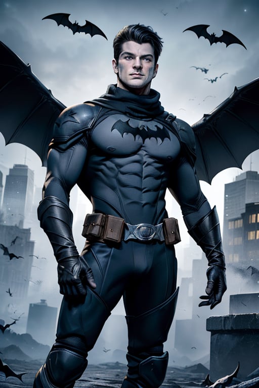 The animated version of Batman that belongs to the movie "Justice League x RWBY: Super Heroes & Huntsmen - Part 1" (He does have black hair, dark blue eyes, black pants, gray boots, gray metal knee pads, a gray breastplate with a black bat symbol on the front and underneath, a black long-sleeved t-shirt, black metal bat-shaped shoulder pads, gray armbands with 3 side blades on the sides, gloves blacks, a gray scarf, a gray utility belt and the age of 17), where Batman/Bruce Wayne is a "Bat Faunus" (Human being with two oversized black bat wings emerging from his back), in a landscape night with bats flying around,