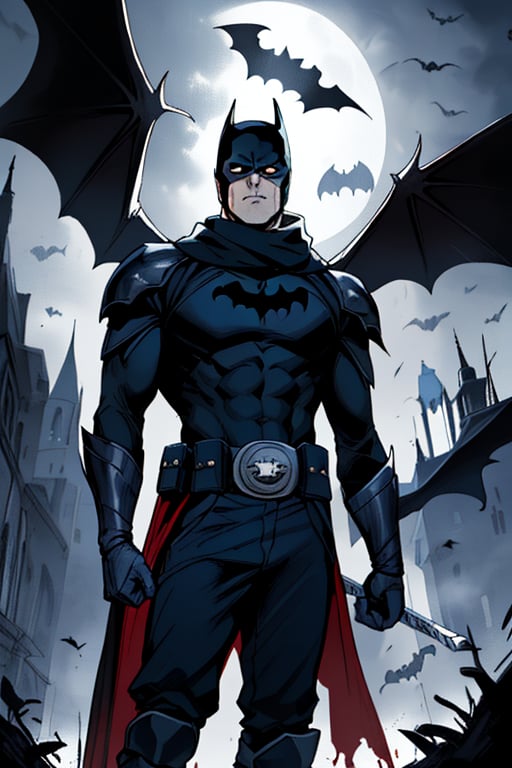 The animated version of Batman that belongs to the movie "Justice League x RWBY: Super Heroes & Huntsmen - Part 1" (He does have black hair, dark blue eyes, black pants, gray boots, gray metal knee pads, a gray breastplate with a black bat symbol on the front and underneath, a black long-sleeved t-shirt, black metal bat-shaped shoulder pads, gray armbands with 3 side blades on the sides, gloves blacks, a gray scarf, a gray utility belt and the age of 17), where Batman/Bruce Wayne is a "Bat Faunus" (Human being with two oversized black bat wings emerging from his back), in a landscape night with bats flying around,