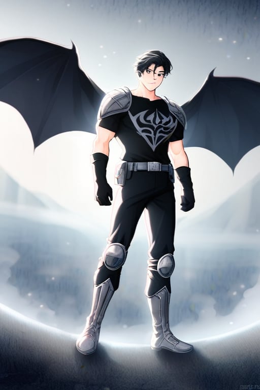 The animated version of Batman that belongs to the movie "Justice League x RWBY: Super Heroes & Huntsmen - Part 1" (He does have black hair, dark blue eyes, black pants, gray boots, gray metal knee pads, a gray breastplate with a black bat symbol on the front and underneath, a black long-sleeved t-shirt, black metal bat-shaped shoulder pads, gray armbands with 3 side blades on the sides, gloves blacks, a gray scarf, a gray utility belt and the age of 17), where Batman/Bruce Wayne is a "Bat Faunus" (Human being with two oversized black bat wings emerging from his back), in a landscape night with bats flying around.