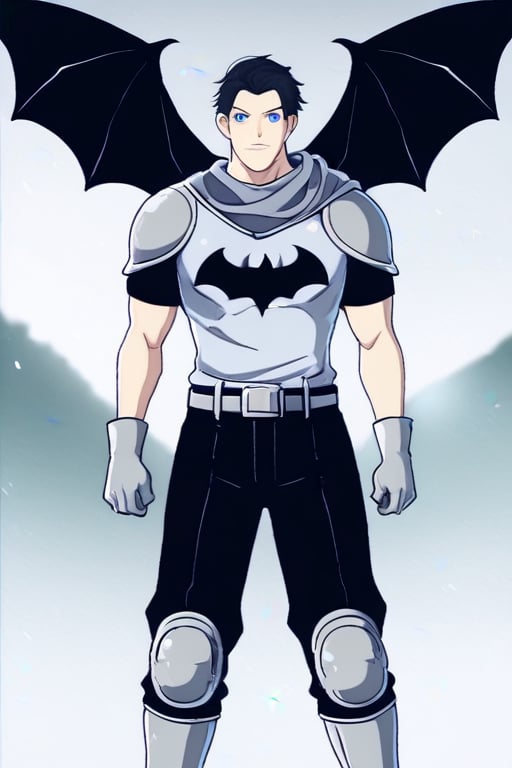 The animated version of Batman that belongs to the movie "Justice League x RWBY: Super Heroes & Huntsmen - Part 1" (He does have black hair, dark blue eyes, black pants, gray boots, gray metal knee pads, a gray breastplate with a black bat symbol on the front and underneath, a black long-sleeved t-shirt, black metal bat-shaped shoulder pads, gray armbands with 3 side blades on the sides, gloves blacks, a gray scarf, a gray utility belt and the age of 17), where Batman/Bruce Wayne is a "Bat Faunus" (Human being with two oversized black bat wings emerging from his back), in a landscape night with bats flying around.