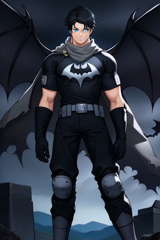 The animated version of Batman that belongs to the movie "Justice League x RWBY: Super Heroes & Huntsmen - Part 1" (He does have black hair, dark blue eyes, black pants, gray boots, gray metal knee pads, a gray breastplate with a black bat symbol on the front and underneath, a black long-sleeved t-shirt, black metal bat-shaped shoulder pads, gray armbands with 3 side blades on the sides, gloves blacks, a gray scarf, a gray utility belt and the age of 17), where Batman/Bruce Wayne is a "Bat Faunus" (Human being with two oversized black bat wings emerging from his back), in a landscape night with bats flying around.,tag score