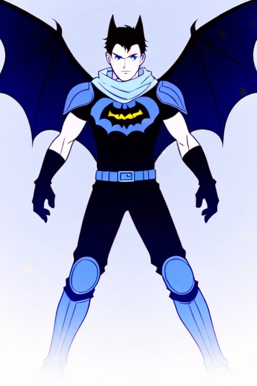 The animated version of Batman that belongs to the movie "Justice League x RWBY: Super Heroes & Huntsmen - Part 1" (He does have black hair, dark blue eyes, black pants, gray boots, gray metal knee pads, a gray breastplate with a black bat symbol on the front and underneath, a black long-sleeved t-shirt, black metal bat-shaped shoulder pads, gray armbands with 3 side blades on the sides, gloves blacks, a gray scarf, a gray utility belt and the age of 17), where Batman/Bruce Wayne is a "Bat Faunus" (Human being with two oversized black bat wings emerging from his back), in a landscape night with bats flying around..