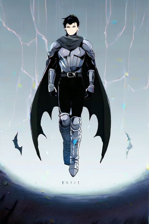 The animated version of Batman that belongs to the movie "Justice League x RWBY: Super Heroes & Huntsmen - Part 1" (He does have black hair, dark blue eyes, black pants, gray boots, gray metal knee pads, a gray breastplate with a black bat symbol on the front and underneath, a black long-sleeved t-shirt, black metal bat-shaped shoulder pads, gray armbands with 3 side blades on the sides, gloves blacks, a gray scarf, a gray utility belt and the age of 17), where Batman/Bruce Wayne is a "Bat Faunus" (Human being with two oversized black bat wings emerging from his back), in a landscape night with bats flying around.