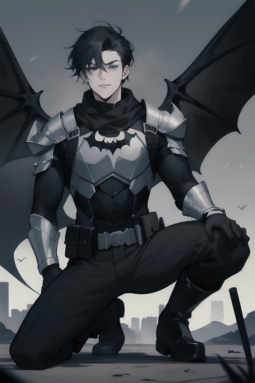 The animated version of Batman that belongs to the movie "Justice League x RWBY: Super Heroes & Huntsmen - Part 1" (He has black hair, dark blue eyes, black pants, gray boots with metal armor along them up to the knees, a gray breastplate with a black bat symbol on the chest and underneath, a black long-sleeved t-shirt, black metal bat-shaped shoulder pads, gray armbands with 3 side blades on the sides, black gloves, a gray scarf, a gray utility belt, 2 rapier type swords and the age of 17), where Batman/Bruce Wayne is a "Bat Faunus" (Human being with two huge black bat wings emerging from his back), in a landscape night with bats flying around.,green theme