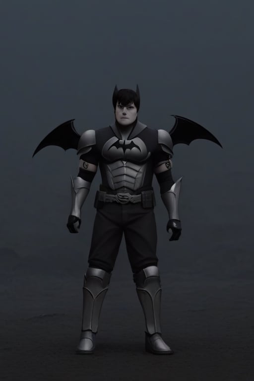 The animated version of Batman that belongs to the movie "Justice League x RWBY: Super Heroes & Huntsmen - Part 1" (He does have black hair, dark blue eyes, black pants, gray boots, gray metal knee pads, a gray breastplate with a black bat symbol on the front and underneath, a black long-sleeved t-shirt, black metal bat-shaped shoulder pads, gray armbands with 3 side blades on the sides, gloves blacks, a gray scarf, a gray utility belt and the age of 17), where Batman/Bruce Wayne is a "Bat Faunus" (Human being with two oversized black bat wings emerging from his back), in a landscape night.