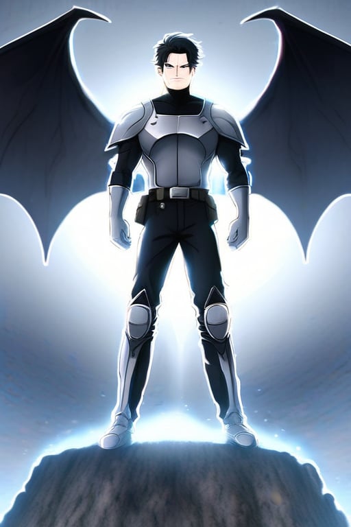 The animated version of Batman that belongs to the movie "Justice League x RWBY: Super Heroes & Huntsmen - Part 1" (He does have black hair, dark blue eyes, black pants, gray boots, gray metal knee pads, a gray breastplate with a black bat symbol on the front and underneath, a black long-sleeved t-shirt, black metal bat-shaped shoulder pads, gray armbands with 3 side blades on the sides, gloves blacks, a gray scarf, a gray utility belt and the age of 17), where Batman/Bruce Wayne is a "Bat Faunus" (Human being with two oversized black bat wings emerging from his back), in a landscape night with bats flying around.