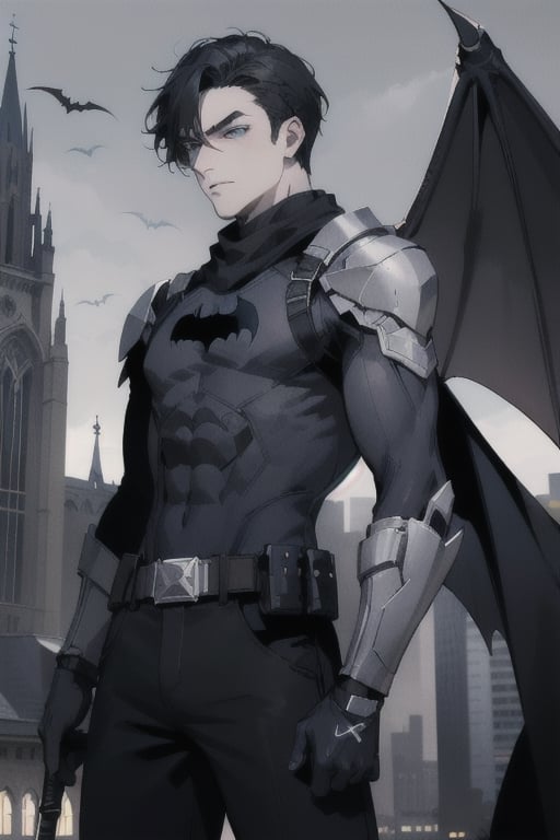 The animated version of Batman which belongs to the movie "Justice League x RWBY: Super Heroes & Huntsmen - Part 1" (No mask, black hair, dark blue eyes, black pants, gray overalls with a colored bat symbol black on the front side and below it, a black long-sleeved t-shirt, bat-shaped shoulder pads, gray bracelets with 3 blades on the sides, black gloves, a gray scarf, a gray utility belt and the age of 17 years ), where Batman is a "Bat Faun" (Human being with black bat wings emerging from his back), in a night background, on the roof of a cathedral.,1guy