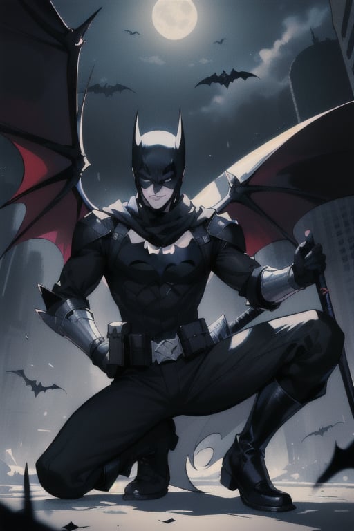 The animated version of Batman that belongs to the movie "Justice League x RWBY: Super Heroes & Huntsmen - Part 1" (He has black hair, dark blue eyes, black pants, gray boots with metal armor along them up to the knees, a gray breastplate with a black bat symbol on the chest and underneath, a black long-sleeved t-shirt, black metal bat-shaped shoulder pads, gray armbands with 3 side blades on the sides, black gloves, a gray scarf, a gray utility belt, 2 rapier type swords and the age of 17), where Batman/Bruce Wayne is a "Bat Faunus" (Human being with two huge black bat wings emerging from his back), in a landscape night with bats flying around.