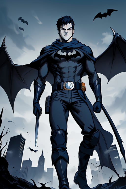 The animated version of Batman that belongs to the movie "Justice League x RWBY: Super Heroes & Huntsmen - Part 1" (He does have black hair, dark blue eyes, black pants, gray boots, gray metal knee pads, a gray breastplate with a black bat symbol on the front and underneath, a black long-sleeved t-shirt, black metal bat-shaped shoulder pads, gray armbands with 3 side blades on the sides, gloves blacks, a gray scarf, a gray utility belt and the age of 17), where Batman/Bruce Wayne is a "Bat Faunus" (Human being with two oversized black bat wings emerging from his back), in a landscape night with bats flying around,