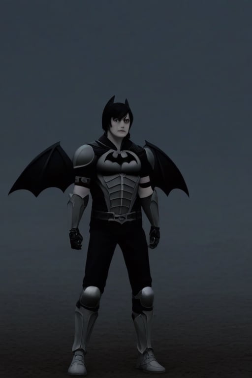 The animated version of Batman that belongs to the movie "Justice League x RWBY: Super Heroes & Huntsmen - Part 1" (He does have black hair, dark blue eyes, black pants, gray boots, gray metal knee pads, a gray breastplate with a black bat symbol on the front and underneath, a black long-sleeved t-shirt, black metal bat-shaped shoulder pads, gray armbands with 3 side blades on the sides, gloves blacks, a gray scarf, a gray utility belt and the age of 17), where Batman/Bruce Wayne is a "Bat Faunus" (Human being with two oversized black bat wings emerging from his back), in a landscape night.