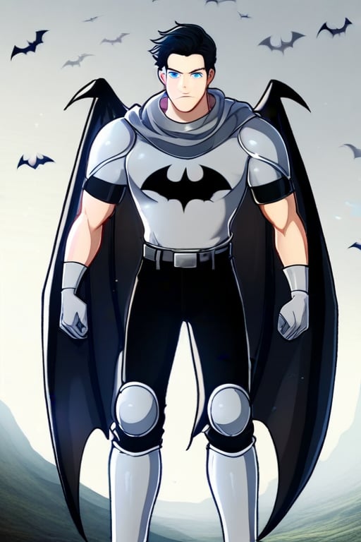 The animated version of Batman that belongs to the movie "Justice League x RWBY: Super Heroes & Huntsmen - Part 1" (He does have black hair, dark blue eyes, black pants, gray boots, gray metal knee pads, a gray breastplate with a black bat symbol on the front and underneath, a black long-sleeved t-shirt, black metal bat-shaped shoulder pads, gray armbands with 3 side blades on the sides, gloves blacks, a gray scarf, a gray utility belt and the age of 17), where Batman/Bruce Wayne is a "Bat Faunus" (Human being with two oversized black bat wings emerging from his back), in a landscape night with bats flying around.