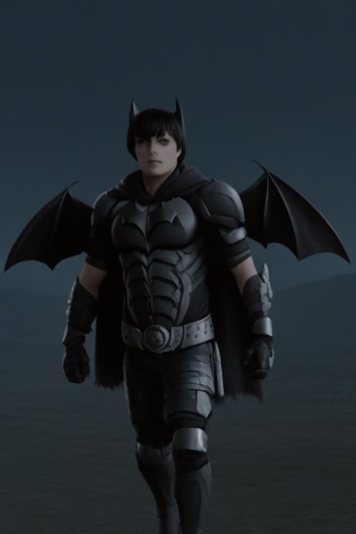 The animated version of Batman that belongs to the movie "Justice League x RWBY: Super Heroes & Huntsmen - Part 1" (He does have black hair, dark blue eyes, black pants, gray boots, gray metal knee pads, a gray breastplate with a black bat symbol on the front and underneath, a black long-sleeved t-shirt, black metal bat-shaped shoulder pads, gray armbands with 3 side blades on the sides, gloves blacks, a gray scarf, a gray utility belt and the age of 17), where Batman/Bruce Wayne is a "Bat Faunus" (Human being with two oversized black bat wings emerging from his back), in a landscape night.,Movie Still