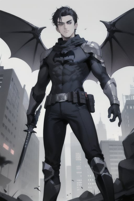 The animated version of Batman that belongs to the movie "Justice League x RWBY: Super Heroes & Huntsmen - Part 1" (He has black hair, dark blue eyes, black pants, gray boots with metal armor along them up to the knees, a gray breastplate with a black bat symbol on the chest and underneath, a black long-sleeved t-shirt, black metal bat-shaped shoulder pads, gray armbands with 3 side blades on the sides, black gloves, a gray scarf, a gray utility belt, 2 rapier type swords and the age of 17), where Batman/Bruce Wayne is a "Bat Faunus" (Human being with two huge black bat wings emerging from his back), in a landscape night with bats flying around.