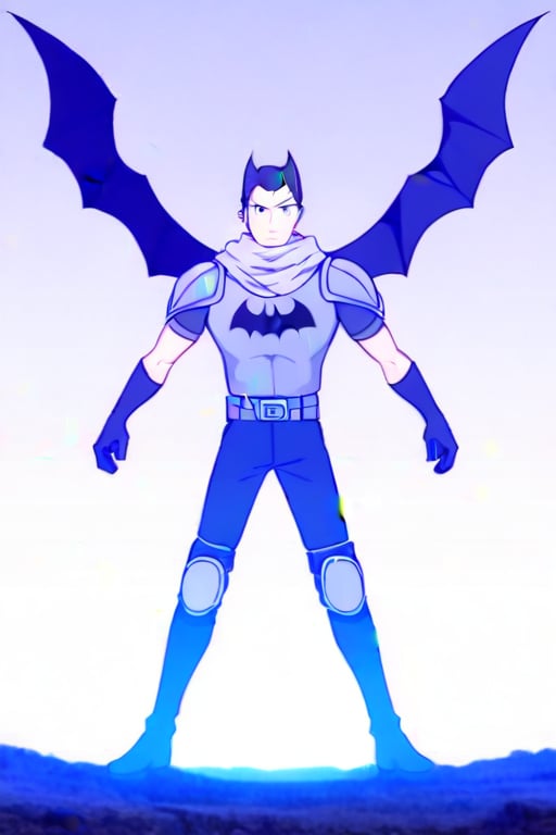 The animated version of Batman that belongs to the movie "Justice League x RWBY: Super Heroes & Huntsmen - Part 1" (He does have black hair, dark blue eyes, black pants, gray boots, gray metal knee pads, a gray breastplate with a black bat symbol on the front and underneath, a black long-sleeved t-shirt, black metal bat-shaped shoulder pads, gray armbands with 3 side blades on the sides, gloves blacks, a gray scarf, a gray utility belt and the age of 17), where Batman/Bruce Wayne is a "Bat Faunus" (Human being with two oversized black bat wings emerging from his back), in a landscape night.