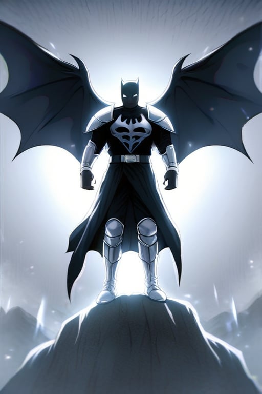 The animated version of Batman that belongs to the movie "Justice League x RWBY: Super Heroes & Huntsmen - Part 1" (He does have black hair, dark blue eyes, black pants, gray boots, gray metal knee pads, a gray breastplate with a black bat symbol on the front and underneath, a black long-sleeved t-shirt, black metal bat-shaped shoulder pads, gray armbands with 3 side blades on the sides, gloves blacks, a gray scarf, a gray utility belt and the age of 17), where Batman/Bruce Wayne is a "Bat Faunus" (Human being with two oversized black bat wings emerging from his back), in a landscape night with bats flying around.