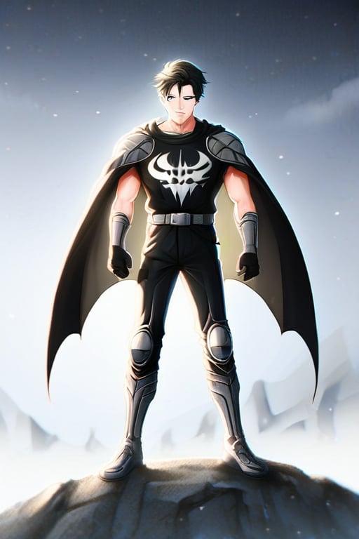 The animated version of Batman that belongs to the movie "Justice League x RWBY: Super Heroes & Huntsmen - Part 1" (He does have black hair, dark blue eyes, black pants, gray boots, gray metal knee pads, a gray breastplate with a black bat symbol on the front and underneath, a black long-sleeved t-shirt, black metal bat-shaped shoulder pads, gray armbands with 3 side blades on the sides, gloves blacks, a gray scarf, a gray utility belt and the age of 17), where Batman/Bruce Wayne is a "Bat Faunus" (Human being with two oversized black bat wings emerging from his back), in a landscape night with bats flying around.