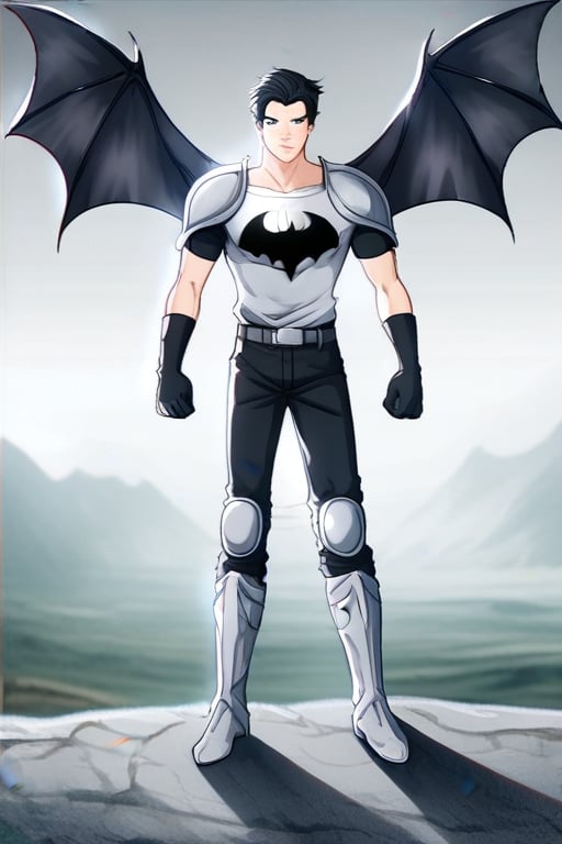 The animated version of Batman that belongs to the movie "Justice League x RWBY: Super Heroes & Huntsmen - Part 1" (He does have black hair, dark blue eyes, black pants, gray boots, gray metal knee pads, a gray breastplate with a black bat symbol on the front and underneath, a black long-sleeved t-shirt, black metal bat-shaped shoulder pads, gray armbands with 3 side blades on the sides, gloves blacks, a gray scarf, a gray utility belt and the age of 17), where Batman/Bruce Wayne is a "Bat Faunus" (Human being with two oversized black bat wings emerging from his back), in a landscape night with bats flying around.