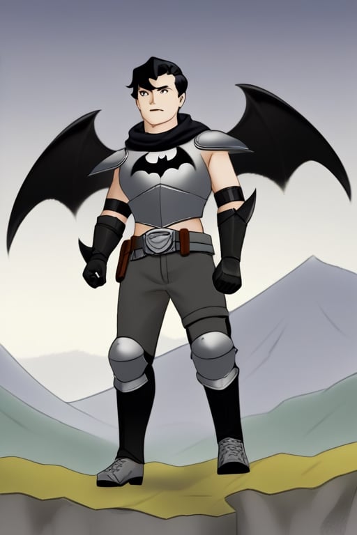 The animated version of Batman that belongs to the movie "Justice League x RWBY: Super Heroes & Huntsmen - Part 1" (He does have black hair, dark blue eyes, black pants, gray boots, gray metal knee pads, a gray breastplate with a black bat symbol on the front and underneath, a black long-sleeved t-shirt, black metal bat-shaped shoulder pads, gray armbands with 3 side blades on the sides, gloves blacks, a gray scarf, a gray utility belt and the age of 17), where Batman/Bruce Wayne is a "Bat Faunus" (Human being with two oversized black bat wings emerging from his back), in a landscape night.