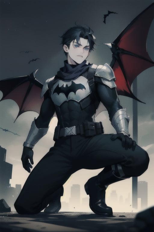 The animated version of Batman that belongs to the movie "Justice League x RWBY: Super Heroes & Huntsmen - Part 1" (He has black hair, dark blue eyes, black pants, gray boots with metal armor along them up to the knees, a gray breastplate with a black bat symbol on the chest and underneath, a black long-sleeved t-shirt, black metal bat-shaped shoulder pads, gray armbands with 3 side blades on the sides, black gloves, a gray scarf, a gray utility belt, 2 rapier type swords and the age of 17), where Batman/Bruce Wayne is a "Bat Faunus" (Human being with two huge black bat wings emerging from his back), in a landscape night with bats flying around.,green theme