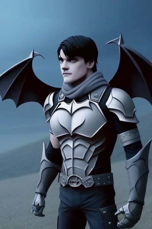 The animated version of Batman that belongs to the movie "Justice League x RWBY: Super Heroes & Huntsmen - Part 1" (He does have black hair, dark blue eyes, black pants, gray boots, gray metal knee pads, a gray breastplate with a black bat symbol on the front and underneath, a black long-sleeved t-shirt, black metal bat-shaped shoulder pads, gray armbands with 3 side blades on the sides, gloves blacks, a gray scarf, a gray utility belt and the age of 17), where Batman/Bruce Wayne is a "Bat Faunus" (Human being with two oversized black bat wings emerging from his back), in a landscape night.