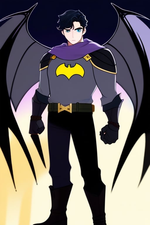 The animated version of Batman that belongs to the movie "Justice League x RWBY: Super Heroes & Huntsmen - Part 1" (He does have black hair, dark blue eyes, black pants, gray boots, gray metal knee pads, a gray breastplate with a black bat symbol on the front and underneath, a black long-sleeved t-shirt, black metal bat-shaped shoulder pads, gray armbands with 3 side blades on the sides, gloves blacks, a gray scarf, a gray utility belt and the age of 17), where Batman/Bruce Wayne is a "Bat Faunus" (Human being with two oversized black bat wings emerging from his back), in a landscape night.