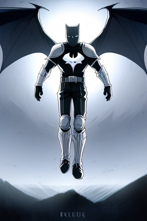 The animated version of Batman that belongs to the movie "Justice League x RWBY: Super Heroes & Huntsmen - Part 1" (He does have black hair, dark blue eyes, black pants, gray boots, gray metal knee pads, a gray breastplate with a black bat symbol on the front and underneath, a black long-sleeved t-shirt, black metal bat-shaped shoulder pads, gray armbands with 3 side blades on the sides, gloves blacks, a gray scarf, a gray utility belt and the age of 17), where Batman/Bruce Wayne is a "Bat Faunus" (Human being with two oversized black bat wings emerging from his back), in a landscape night with bats flying around.