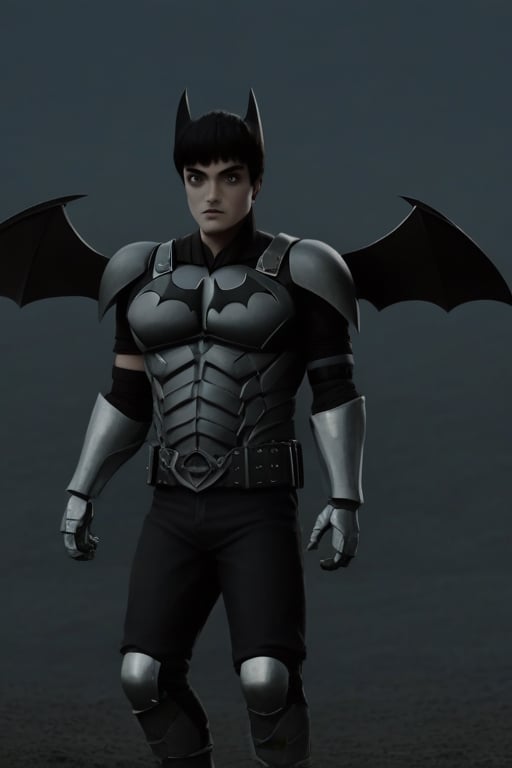 The animated version of Batman that belongs to the movie "Justice League x RWBY: Super Heroes & Huntsmen - Part 1" (He does have black hair, dark blue eyes, black pants, gray boots, gray metal knee pads, a gray breastplate with a black bat symbol on the front and underneath, a black long-sleeved t-shirt, black metal bat-shaped shoulder pads, gray armbands with 3 side blades on the sides, gloves blacks, a gray scarf, a gray utility belt and the age of 17), where Batman/Bruce Wayne is a "Bat Faunus" (Human being with two oversized black bat wings emerging from his back), in a landscape night.