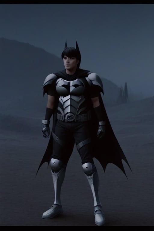 The animated version of Batman that belongs to the movie "Justice League x RWBY: Super Heroes & Huntsmen - Part 1" (He does have black hair, dark blue eyes, black pants, gray boots, gray metal knee pads, a gray breastplate with a black bat symbol on the front and underneath, a black long-sleeved t-shirt, black metal bat-shaped shoulder pads, gray armbands with 3 side blades on the sides, gloves blacks, a gray scarf, a gray utility belt and the age of 17), where Batman/Bruce Wayne is a "Bat Faunus" (Human being with two oversized black bat wings emerging from his back), in a landscape night.,Movie Still