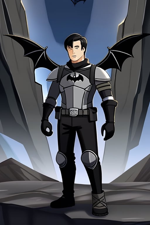 The animated version of Batman that belongs to the movie "Justice League x RWBY: Super Heroes & Huntsmen - Part 1" (He does have black hair, dark blue eyes, black pants, gray boots, gray metal knee pads, a gray breastplate with a black bat symbol on the front and underneath, a black long-sleeved t-shirt, black metal bat-shaped shoulder pads, gray armbands with 3 side blades on the sides, gloves blacks, a gray scarf, a gray utility belt and the age of 17), where Batman/Bruce Wayne is a "Bat Faunus" (Human being with two oversized black bat wings emerging from his back), in a landscape night.