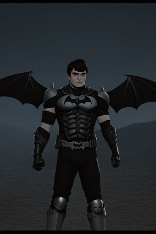 The animated version of Batman that belongs to the movie "Justice League x RWBY: Super Heroes & Huntsmen - Part 1" (He does have black hair, dark blue eyes, black pants, gray boots, gray metal knee pads, a gray breastplate with a black bat symbol on the front and underneath, a black long-sleeved t-shirt, black metal bat-shaped shoulder pads, gray armbands with 3 side blades on the sides, gloves blacks, a gray scarf, a gray utility belt and the age of 17), where Batman/Bruce Wayne is a "Bat Faunus" (Human being with two oversized black bat wings emerging from his back), in a landscape night.,Movie Still