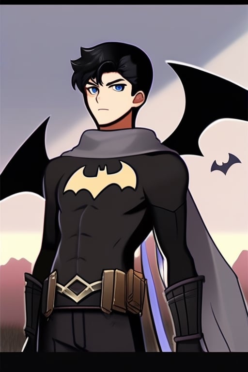 The animated version of Batman that belongs to the movie "Justice League x RWBY: Super Heroes & Huntsmen - Part 1" (He does have black hair, dark blue eyes, black pants, gray boots, gray metal knee pads, a gray breastplate with a black bat symbol on the front and underneath, a black long-sleeved t-shirt, black metal bat-shaped shoulder pads, gray armbands with 3 side blades on the sides, gloves blacks, a gray scarf, a gray utility belt and the age of 17), where Batman/Bruce Wayne is a "Bat Faunus" (Human being with two oversized black bat wings emerging from his back), in a landscape night.