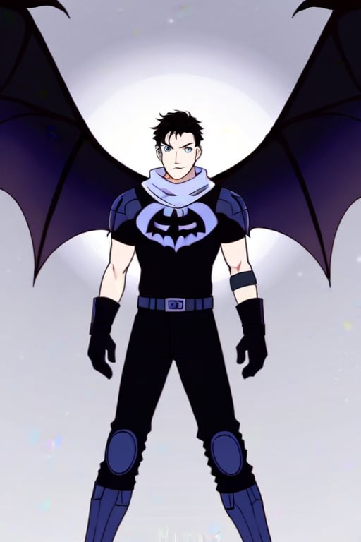 The animated version of Batman that belongs to the movie "Justice League x RWBY: Super Heroes & Huntsmen - Part 1" (He does have black hair, dark blue eyes, black pants, gray boots, gray metal knee pads, a gray breastplate with a black bat symbol on the front and underneath, a black long-sleeved t-shirt, black metal bat-shaped shoulder pads, gray armbands with 3 side blades on the sides, gloves blacks, a gray scarf, a gray utility belt and the age of 17), where Batman/Bruce Wayne is a "Bat Faunus" (Human being with two oversized black bat wings emerging from his back), in a landscape night with bats flying around..