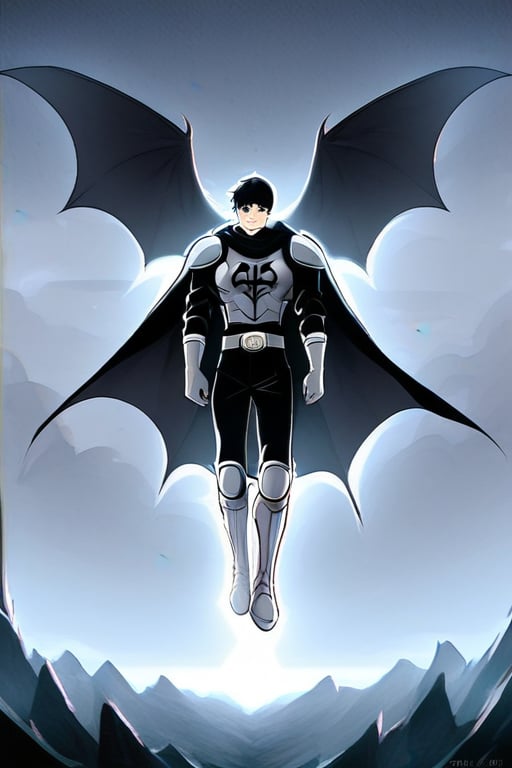 The animated version of Batman that belongs to the movie "Justice League x RWBY: Super Heroes & Huntsmen - Part 1" (He does have black hair, dark blue eyes, black pants, gray boots, gray metal knee pads, a gray breastplate with a black bat symbol on the front and underneath, a black long-sleeved t-shirt, black metal bat-shaped shoulder pads, gray armbands with 3 side blades on the sides, gloves blacks, a gray scarf, a gray utility belt and the age of 17), where Batman/Bruce Wayne is a "Bat Faunus" (Human being with two oversized black bat wings emerging from his back), in a landscape night with bats flying around.