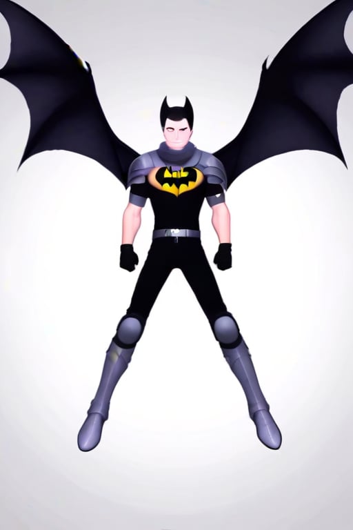 The animated version of Batman that belongs to the movie "Justice League x RWBY: Super Heroes & Huntsmen - Part 1" (He does have black hair, dark blue eyes, black pants, gray boots, gray metal knee pads, a gray breastplate with a black bat symbol on the front and underneath, a black long-sleeved t-shirt, black metal bat-shaped shoulder pads, gray armbands with 3 side blades on the sides, gloves blacks, a gray scarf, a gray utility belt and the age of 17), where Batman/Bruce Wayne is a "Bat Faunus" (Human being with two oversized black bat wings emerging from his back), in a landscape night with bats flying around..