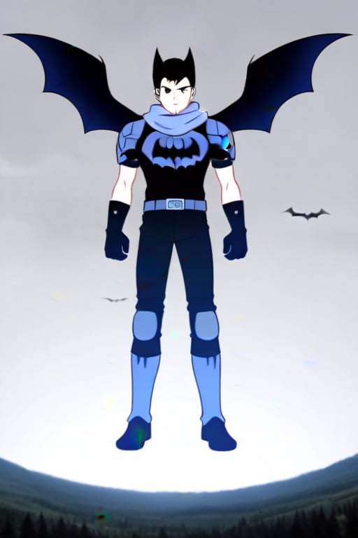 The animated version of Batman that belongs to the movie "Justice League x RWBY: Super Heroes & Huntsmen - Part 1" (He does have black hair, dark blue eyes, black pants, gray boots, gray metal knee pads, a gray breastplate with a black bat symbol on the front and underneath, a black long-sleeved t-shirt, black metal bat-shaped shoulder pads, gray armbands with 3 side blades on the sides, gloves blacks, a gray scarf, a gray utility belt and the age of 17), where Batman/Bruce Wayne is a "Bat Faunus" (Human being with two oversized black bat wings emerging from his back), in a landscape night with bats flying around.