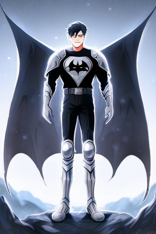 The animated version of Batman that belongs to the movie "Justice League x RWBY: Super Heroes & Huntsmen - Part 1" (He does have black hair, dark blue eyes, black pants, gray boots, gray metal knee pads, a gray breastplate with a black bat symbol on the front and underneath, a black long-sleeved t-shirt, black metal bat-shaped shoulder pads, gray armbands with 3 side blades on the sides, gloves blacks, a gray scarf, a gray utility belt and the age of 17), where Batman/Bruce Wayne is a "Bat Faunus" (Human being with two oversized black bat wings emerging from his back), in a landscape night with bats flying around.