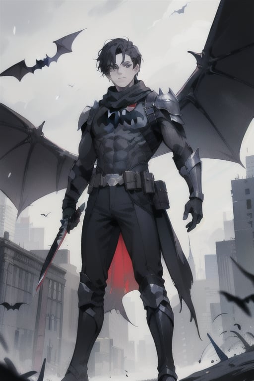 The animated version of Batman that belongs to the movie "Justice League x RWBY: Super Heroes & Huntsmen - Part 1" (He has black hair, dark blue eyes, black pants, gray boots with metal armor along them up to the knees, a gray breastplate with a black bat symbol on the chest and underneath, a black long-sleeved t-shirt, black metal bat-shaped shoulder pads, gray armbands with 3 side blades on the sides, black gloves, a gray scarf, a gray utility belt, 2 rapier type swords and the age of 17), where Batman/Bruce Wayne is a "Bat Faunus" (Human being with two huge black bat wings emerging from his back), in a landscape night with bats flying around.