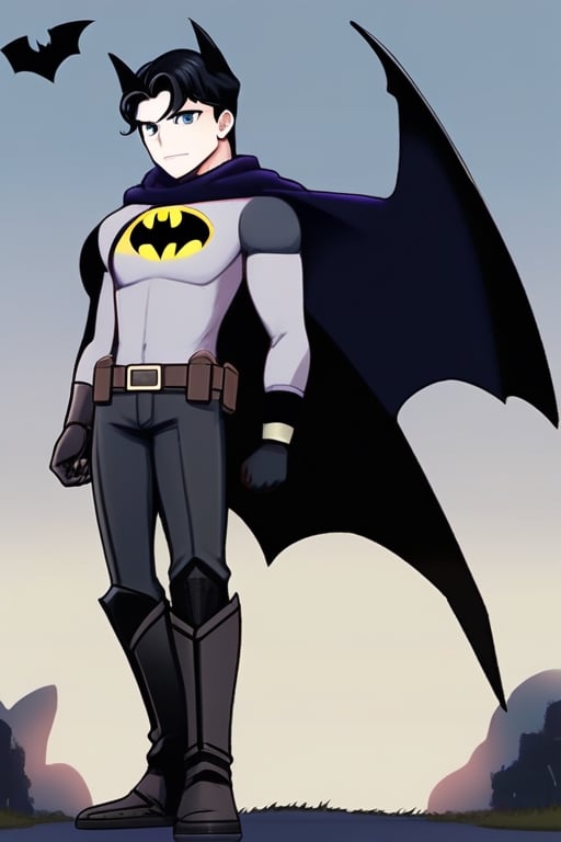 The animated version of Batman that belongs to the movie "Justice League x RWBY: Super Heroes & Huntsmen - Part 1" (He does have black hair, dark blue eyes, black pants, gray boots, gray metal knee pads, a gray breastplate with a black bat symbol on the front and underneath, a black long-sleeved t-shirt, black metal bat-shaped shoulder pads, gray armbands with 3 side blades on the sides, gloves blacks, a gray scarf, a gray utility belt and the age of 17), where Batman/Bruce Wayne is a "Bat Faunus" (Human being with two oversized black bat wings emerging from his back), in a landscape night.