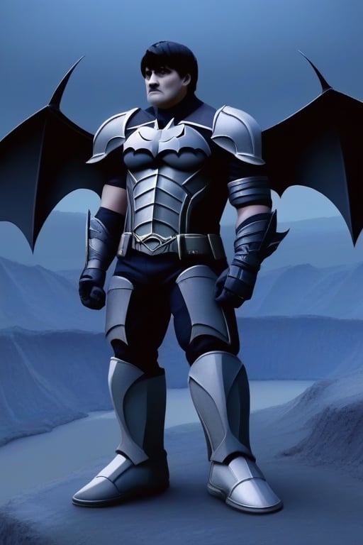 The animated version of Batman that belongs to the movie "Justice League x RWBY: Super Heroes & Huntsmen - Part 1" (He does have black hair, dark blue eyes, black pants, gray boots, gray metal knee pads, a gray breastplate with a black bat symbol on the front and underneath, a black long-sleeved t-shirt, black metal bat-shaped shoulder pads, gray armbands with 3 side blades on the sides, gloves blacks, a gray scarf, a gray utility belt and the age of 17), where Batman/Bruce Wayne is a "Bat Faunus" (Human being with two oversized black bat wings emerging from his back), in a landscape night.